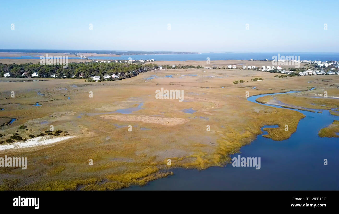 Aerial view of waterfront properties and islands on the South Carolina