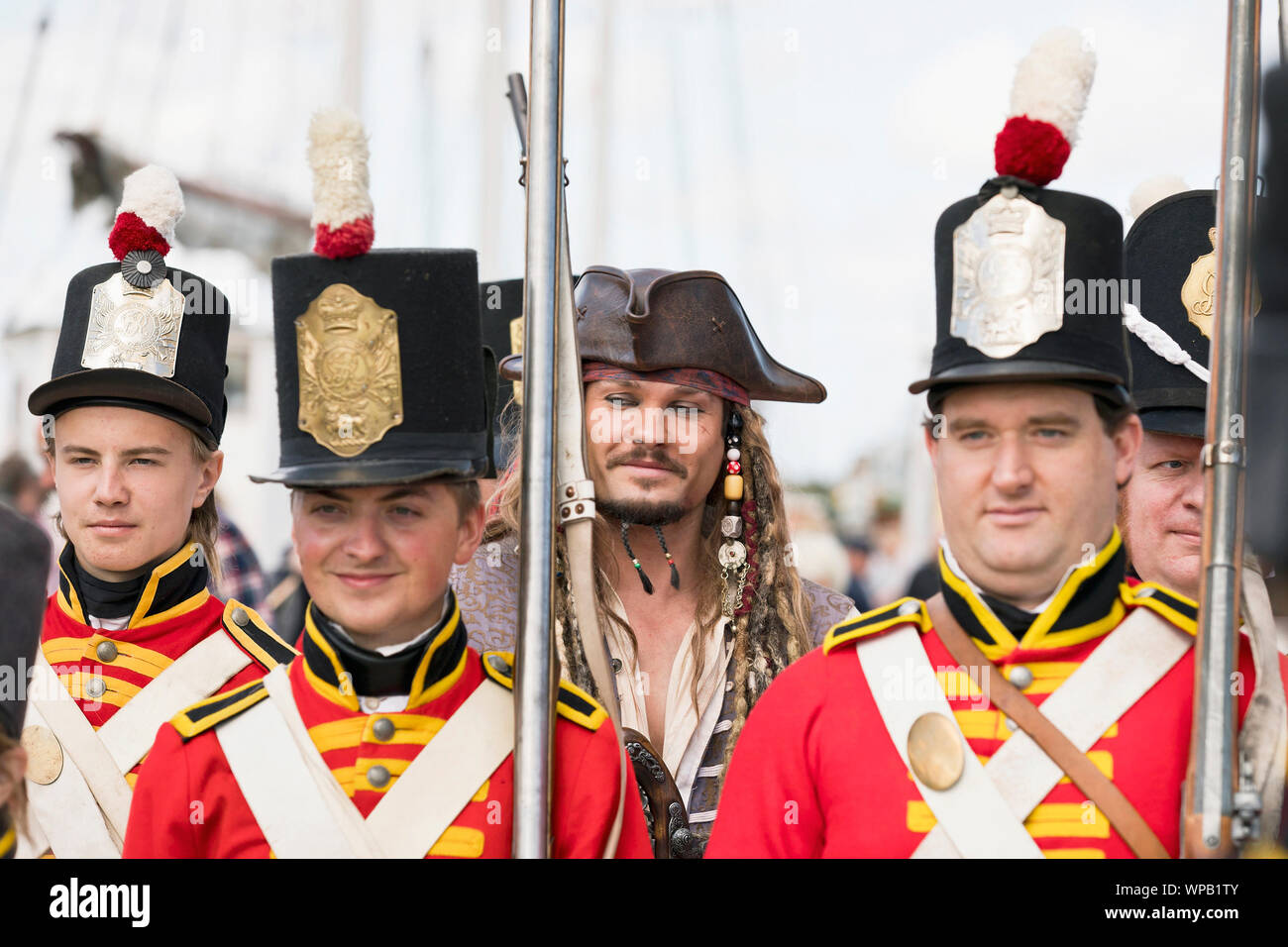 8th September 2019. Great Yarmouth Maritime Festival.  Captain Jack Sparrow, played by look-alike Matt Harris, in the custody of the East Norfolk Militia re-enactment group. Stock Photo