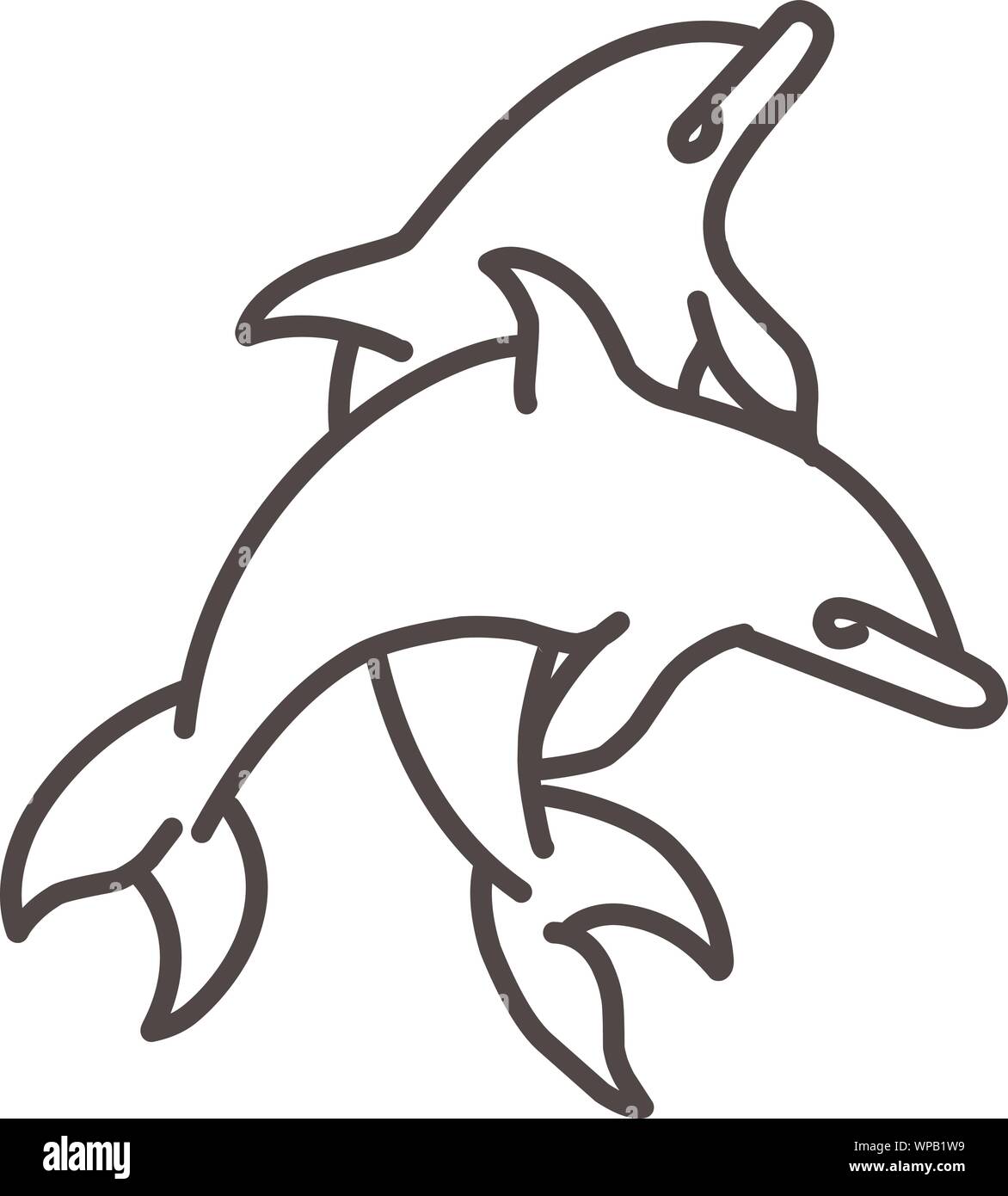 Outline illustration of a jumping dolphins. Line art. The object is separate from the background. Vector element for tattoos, t-shirt printing, logos Stock Vector