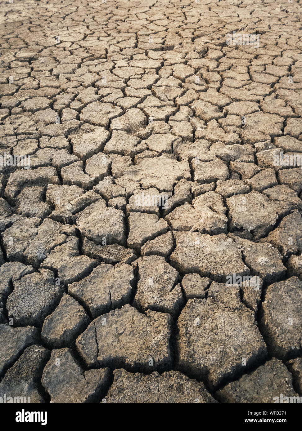 Dry and broken clay ground during drought season, concept of global warming problem. Cracked and barren soil texture background. The global shortage o Stock Photo