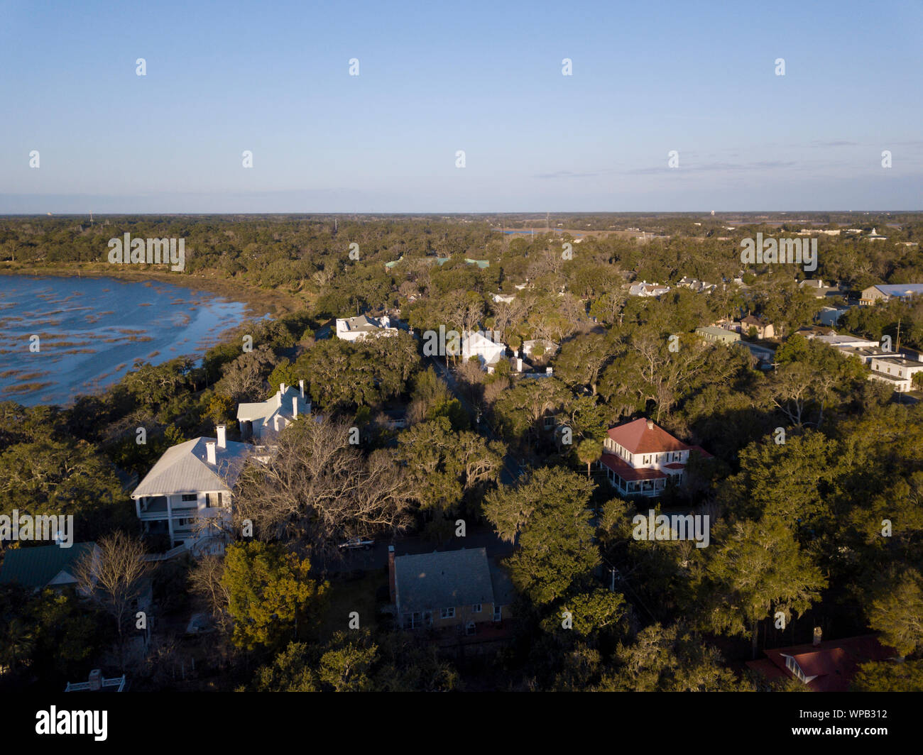 Aerial low angle view of historic town of Beaufort, South Carolina. Stock Photo
