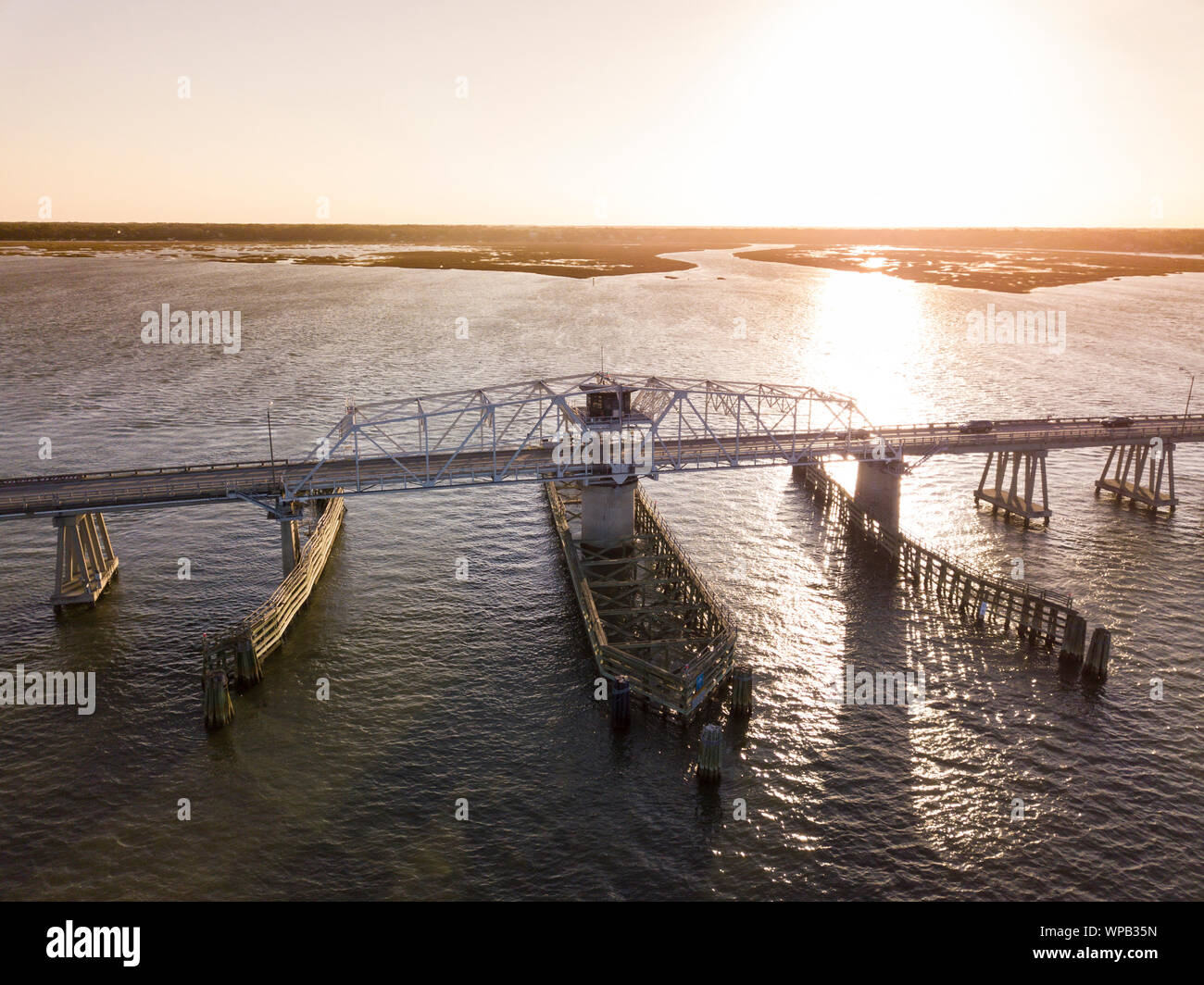 Aerial view of swing draw bridge over water near Beaufort, South