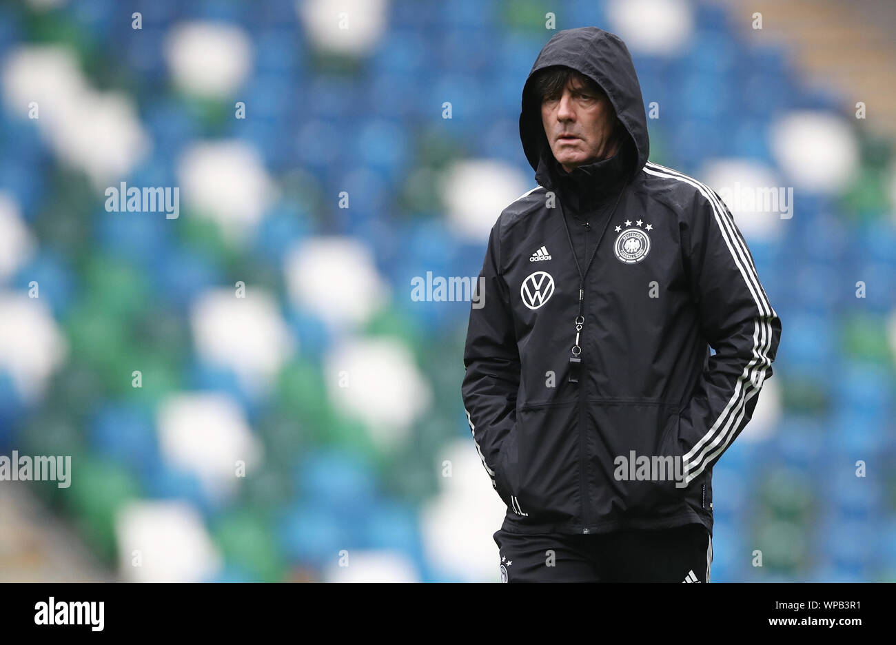 Belfast, UK. 08th Sep, 2019. Soccer: National team, final training Germany before the European Championship qualifier Northern Ireland - Germany in Windsor Park Stadium. National coach Joachim Löw is training on the grass. Credit: Christian Charisius/dpa/Alamy Live News Stock Photo