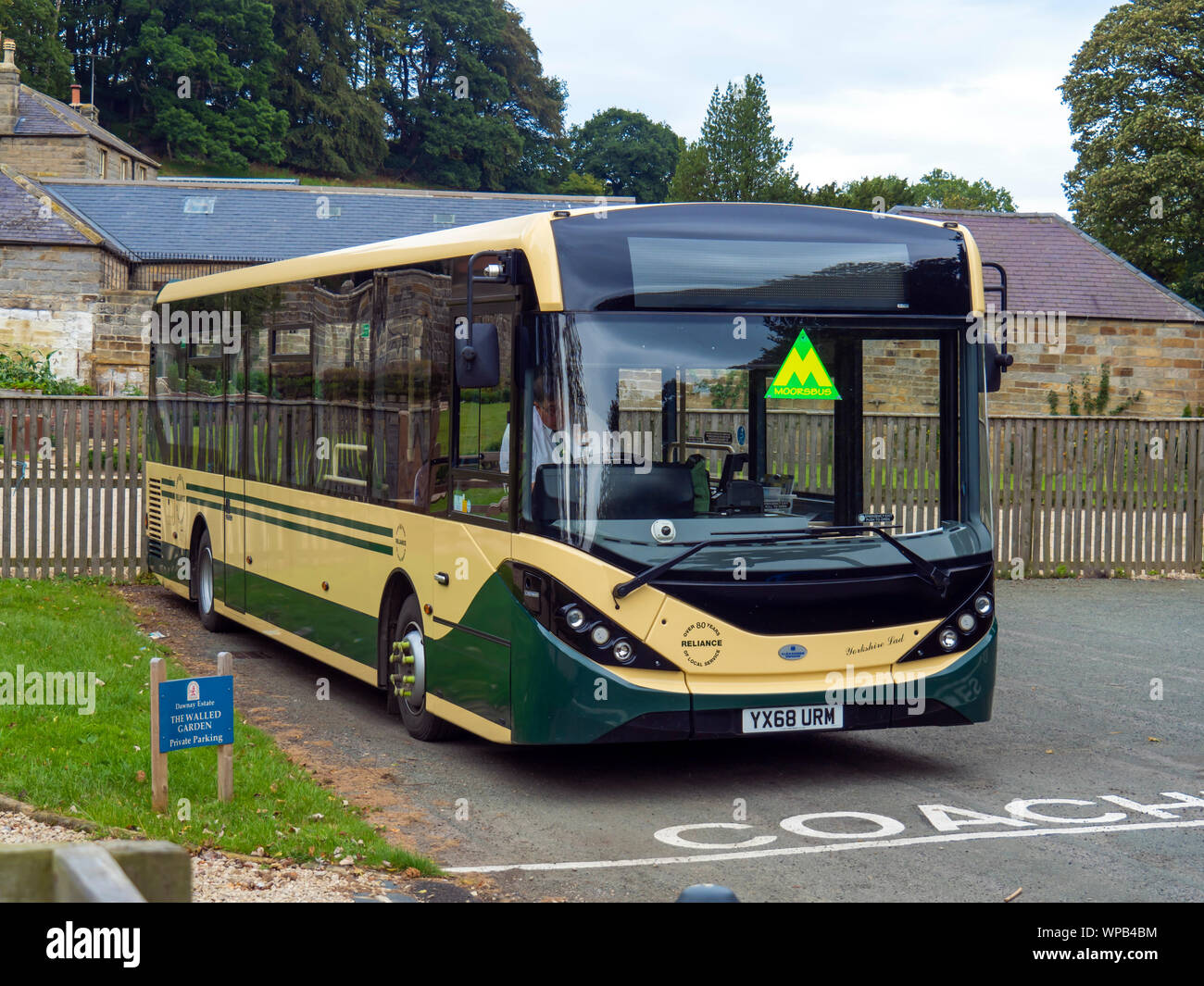 A Reliance bus at  the North Yorkshire Moors Centre Danby Bus Providing the schedule Moors Bus Service Stock Photo