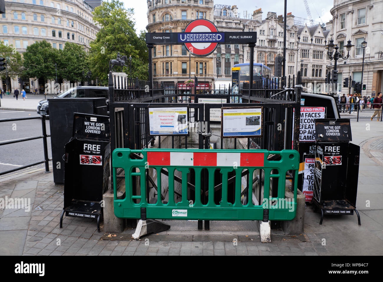 Entrance to the Charing Cross Tube station closed off with gate and