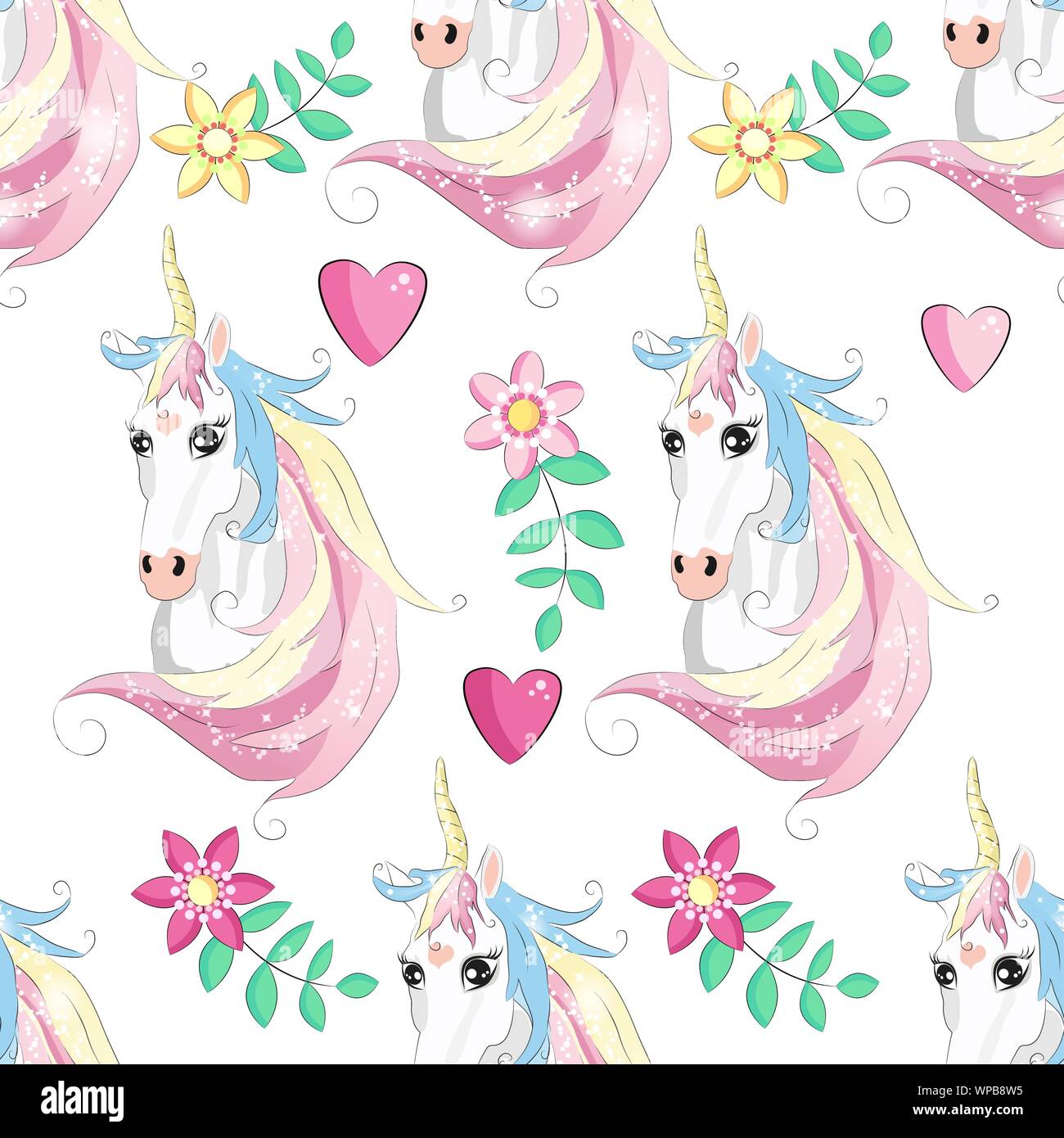 Seamless pattern with cute unicorns, clouds,rainbow and stars. Magic ...