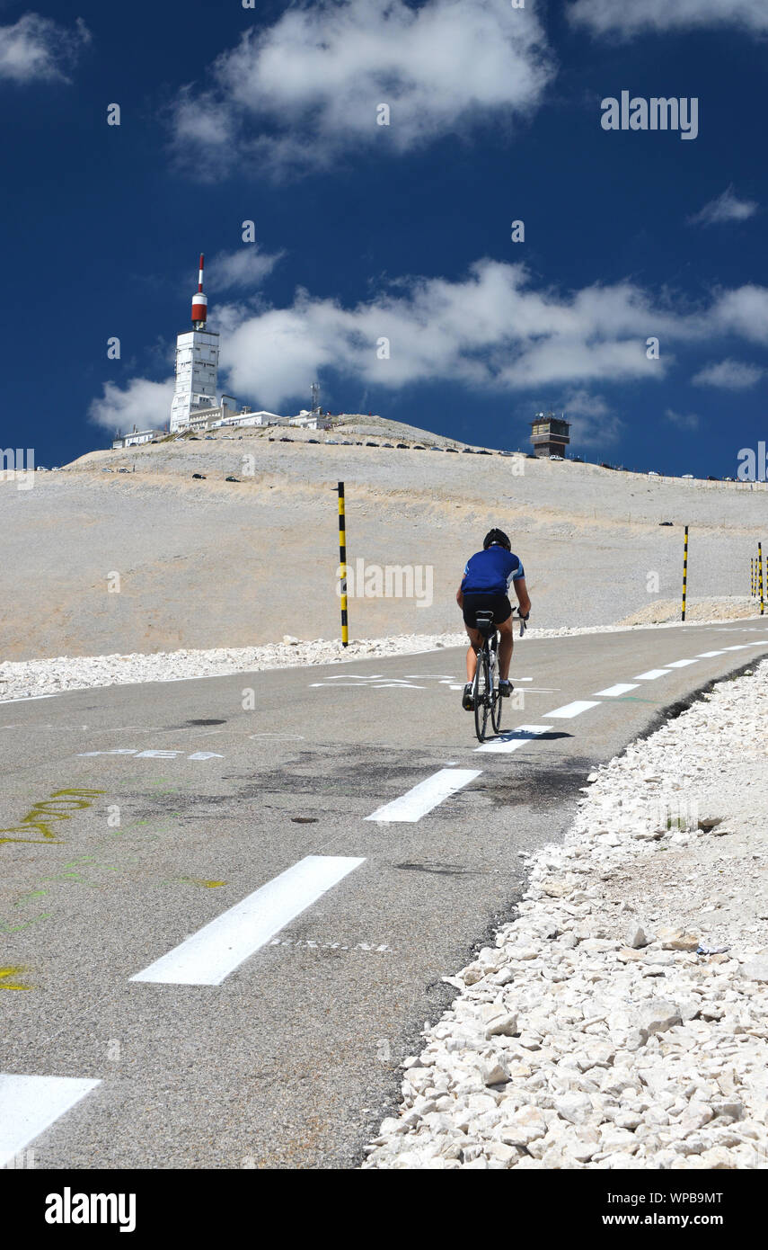cyclist on his way to top of mount Ventoux, Provence, France Stock Photo