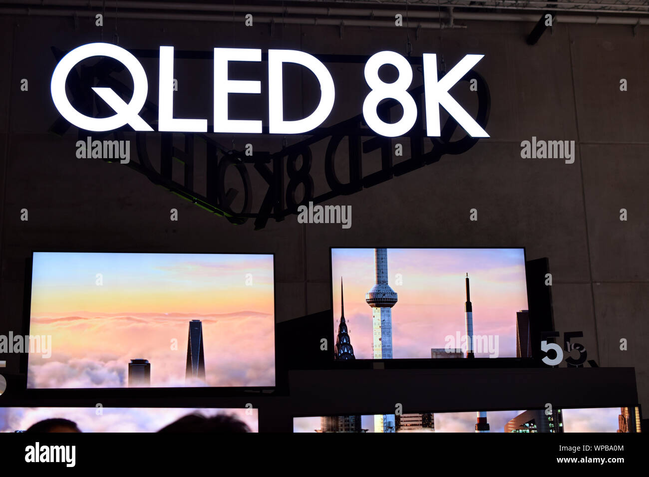 Berlin, Germany – September 5th, 2019: Samsung QLED 8k TV screens at IFA 2019 Stock Photo