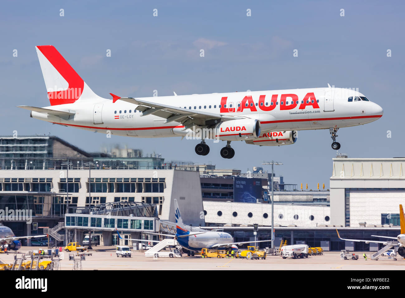 Stuttgart, Germany – May 23, 2019: Lauda Airbus A320 airplane at Stuttgart airport (STR) in Germany. Stock Photo