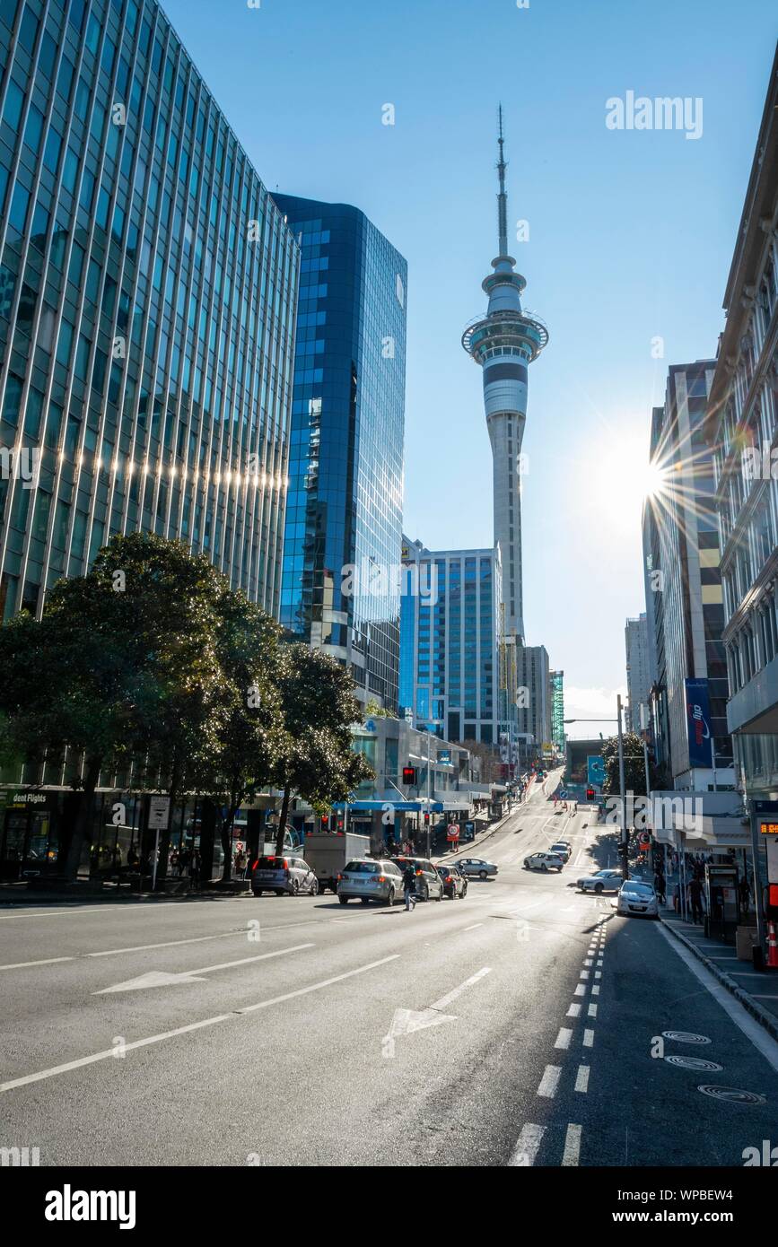 Wide Street, Sky Tower, Central Business District, Auckland, North Island, New Zealand Stock Photo