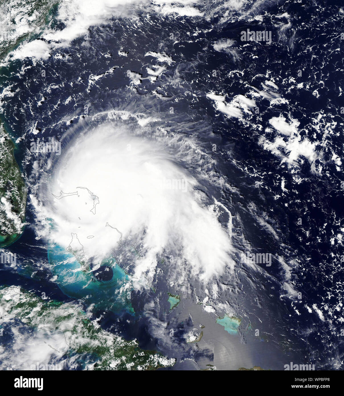 Hurricane Dorian hitting Bahama islands, directly over Great Abaco, September 1, 2019, by NASA/Lauren Dauphin/DPA Stock Photo