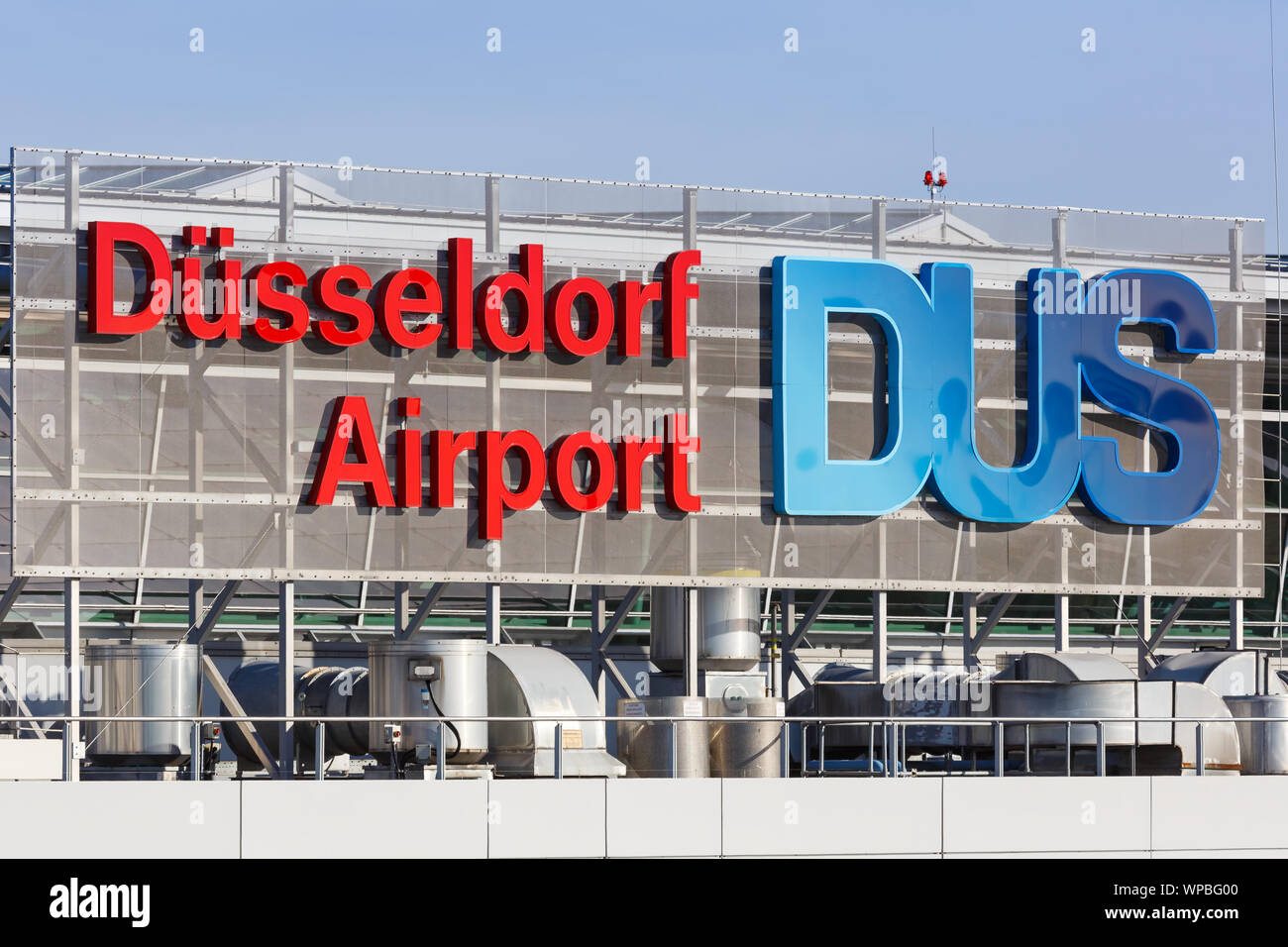 Dusseldorf, Germany – March 24, 2019: Logo of Dusseldorf airport (DUS) in Germany. Stock Photo