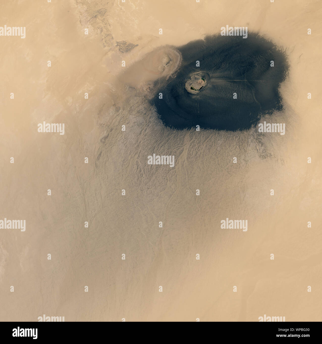Satellite view of Waw an Namus caldera, eastern Fazzan region, Sahara desert, Libya, Africa, by NASA/DPA Stock Photo
