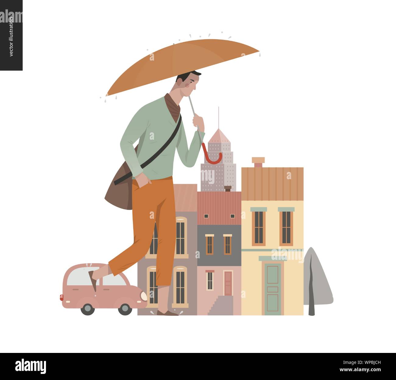 Rain - walking young man -modern flat vector concept illustration of a young man holding an umbrella, walking under the rain in the street, in front o Stock Vector