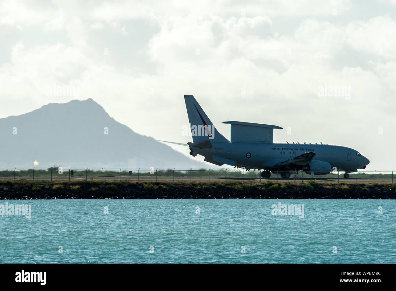 A Royal Australian Air Force E-7A Wedgetail taxis down the Joint Base Pearl Harbor-Hickam flight line Sept. 4, 2019. The command and control aircraft traveled to Hawaii to participate in exercise Sentry Aloha 19-2 and provide airborne early warning support to fourth and fifth generation fighters airframes from the U.S. Air National Guard. The Wedgetails is equipped with a high powered radar, used to monitor the battle space and provide friendly forces with an advantage over their opponents. Sentry Aloha is hosted on a routine basis by the Hawaii Air National Guard’s 154th Wing. (U.S. Air Natio Stock Photo