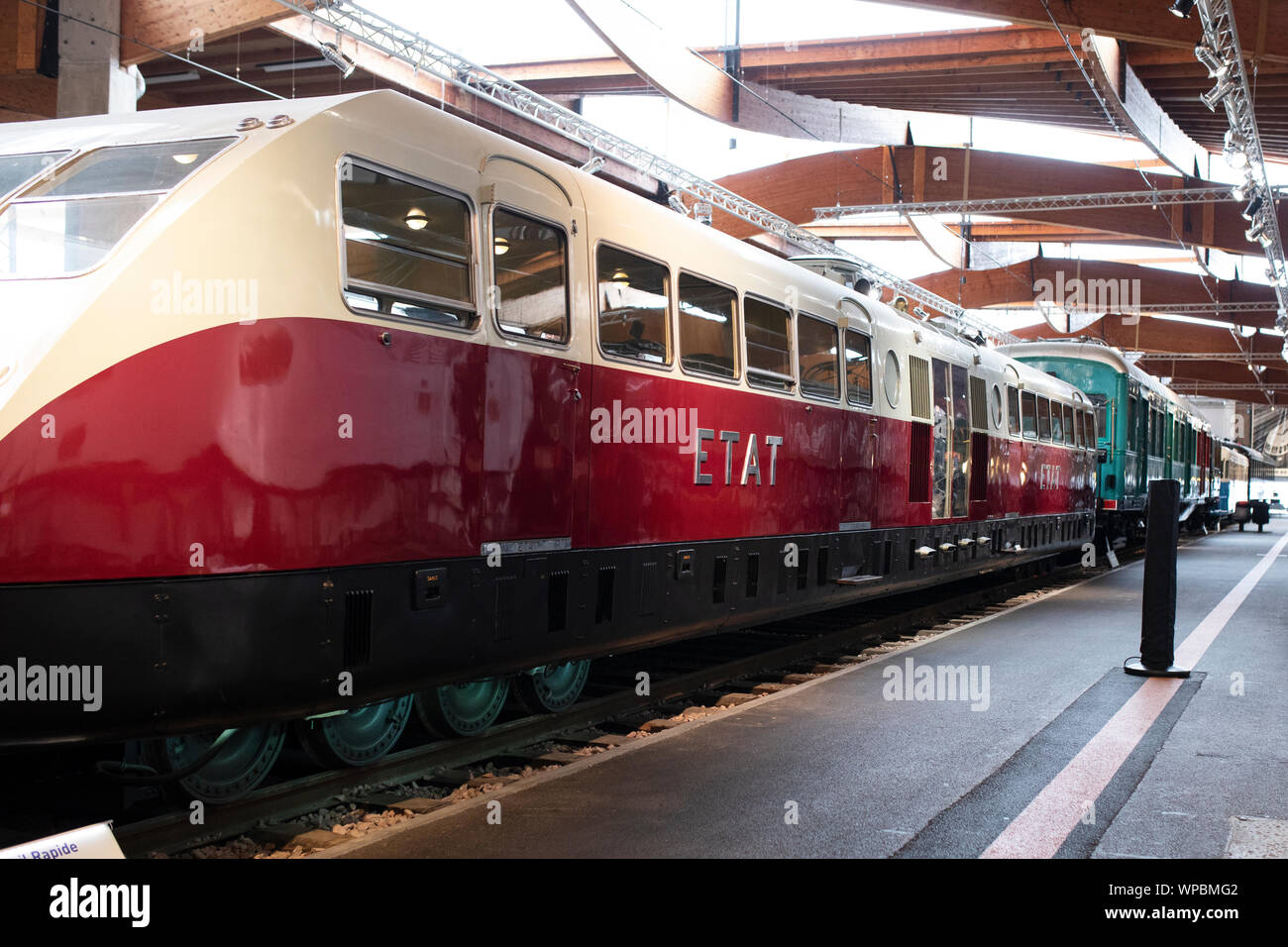 A high speed Bugatti Autorail Présidentiel ZZy 24408 train car from 1933 or 1934, at the Cité du Train museum in Mulhouse, France. Stock Photo