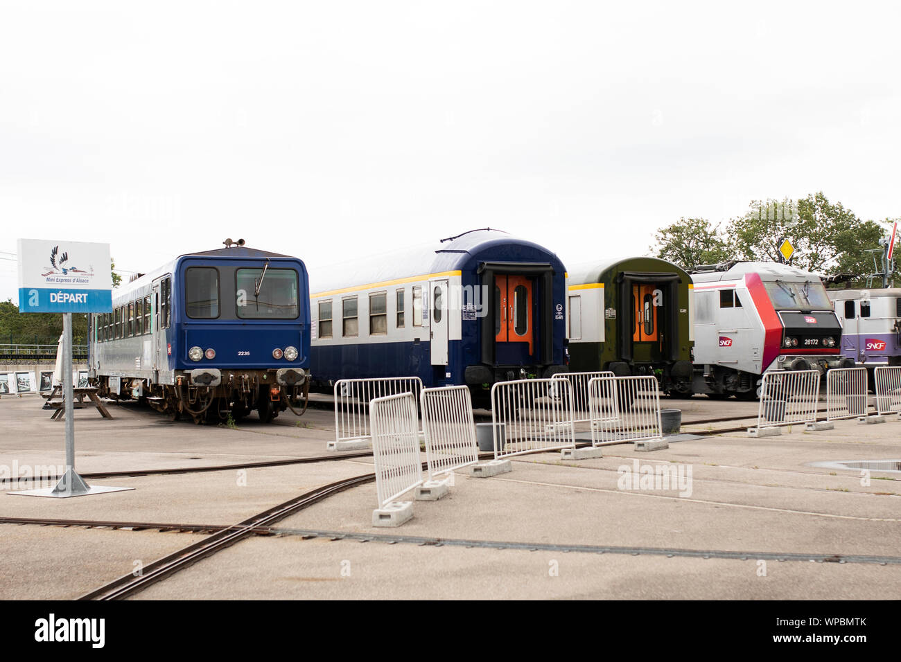Outdoor displays of trains at the Railway Panorama exhibit at the Cité du Train museum in Mulhouse, France. Stock Photo