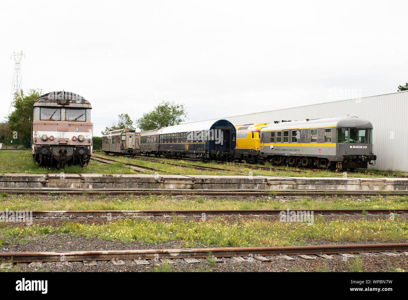 Outdoor displays of trains at the Railway Panorama exhibit at the Cité du Train museum in Mulhouse, France. Stock Photo