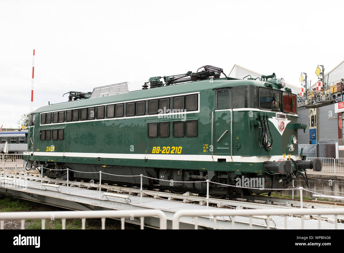 Outdoor displays of trains at the Railway Panorama exhibit at the Cité du Train museum in Mulhouse, France. Stock Photo