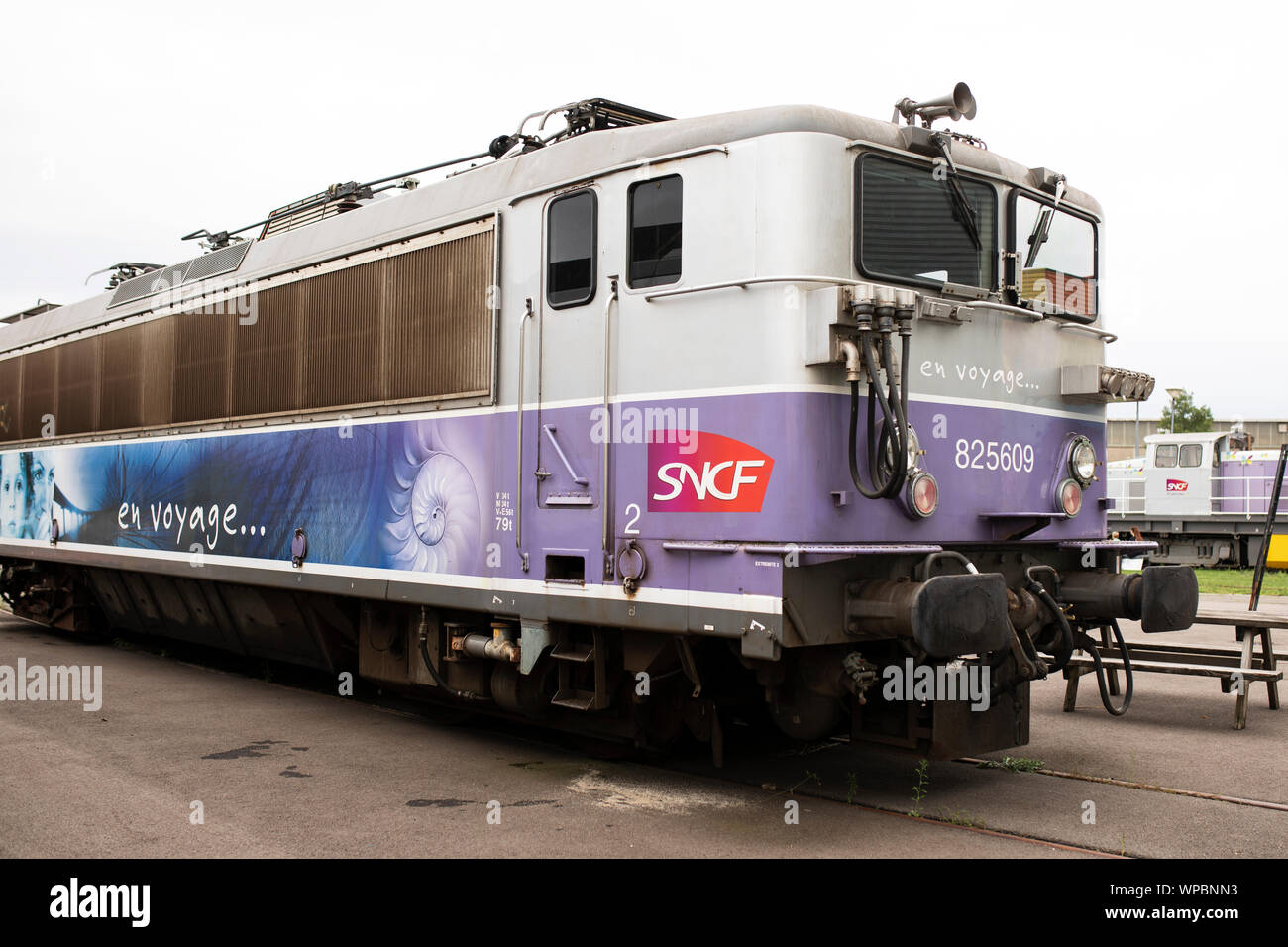 Outdoor displays of trains at the Railway Panorama exhibit at the Cité du Train museum in Mulhouse, France. Stock Photo