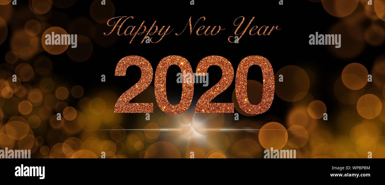 Happy New Year 2020 in dark gold glitter isolated on black background ...