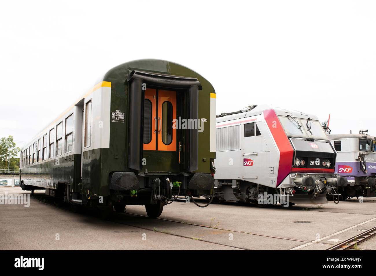 Outdoor displays of trains at the Railway Panorama exhibit at the Cité du Train museum in Mulhouse, France. Stock Photo