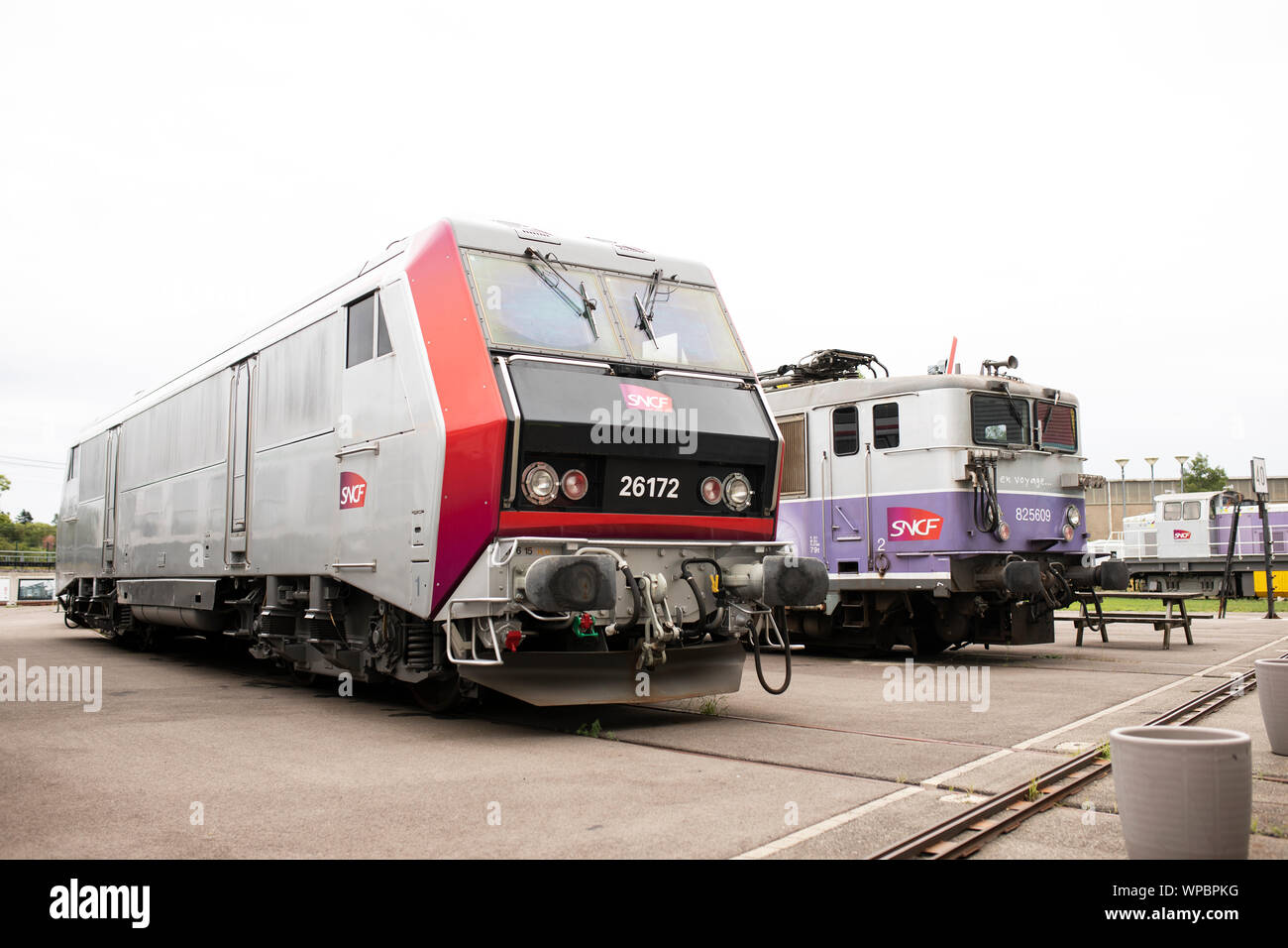 Outdoor displays of trains at the Railway Panorama exhibit at the Cité du Train museum in Mulhouse, France. Stock Photo