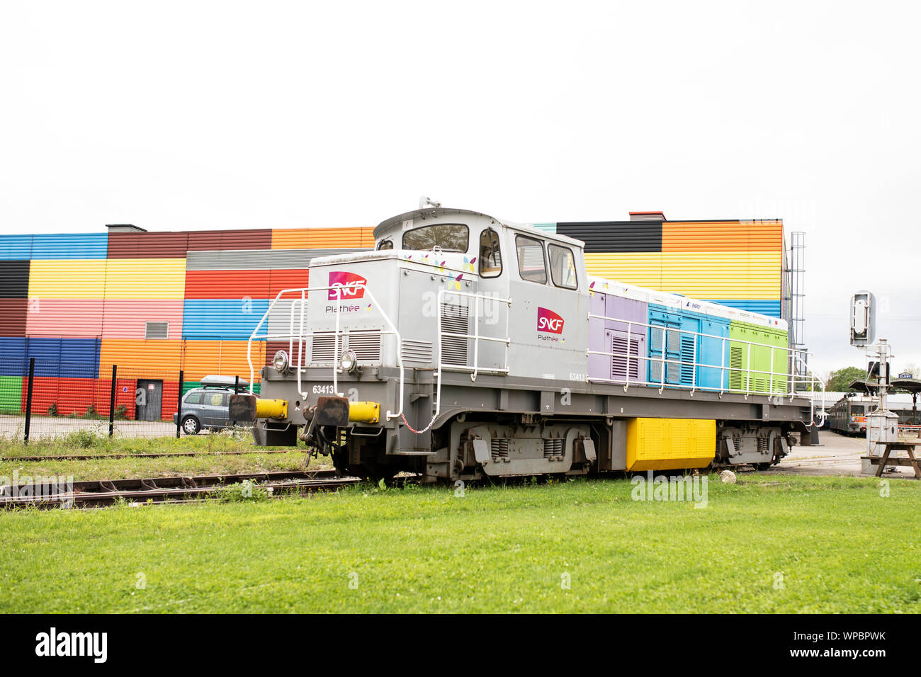 An SNCF locomotive on display outdoors at the Railway Panorama exhibit at the Cité du Train museum in Mulhouse, France. Stock Photo