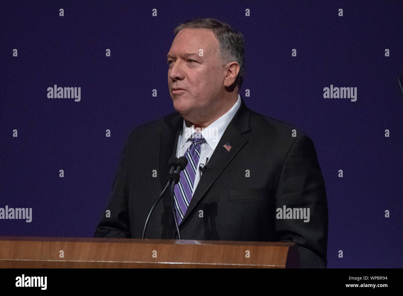 Manhattan, Kansas, USA, September 6, 2019.United States Secretary of State Michael R. Pompeo delivers the first Alfred M. Landon Lecture of the school year at Kansas State University, Credit: Mark Reinstein/MediaPunch Stock Photo