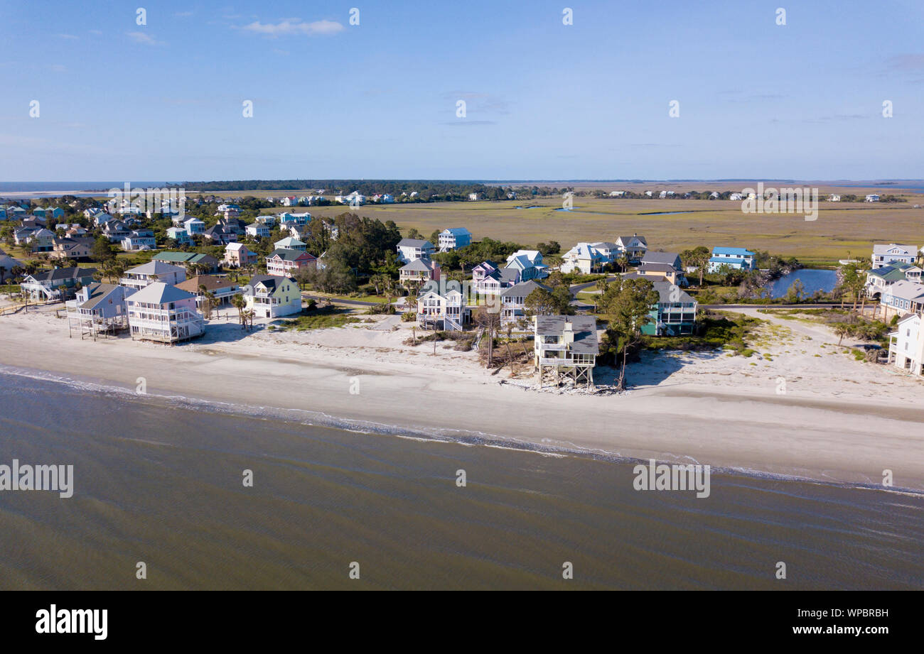 Aerial view of coastal homes in South Carolina, some with hurricane damage. Stock Photo