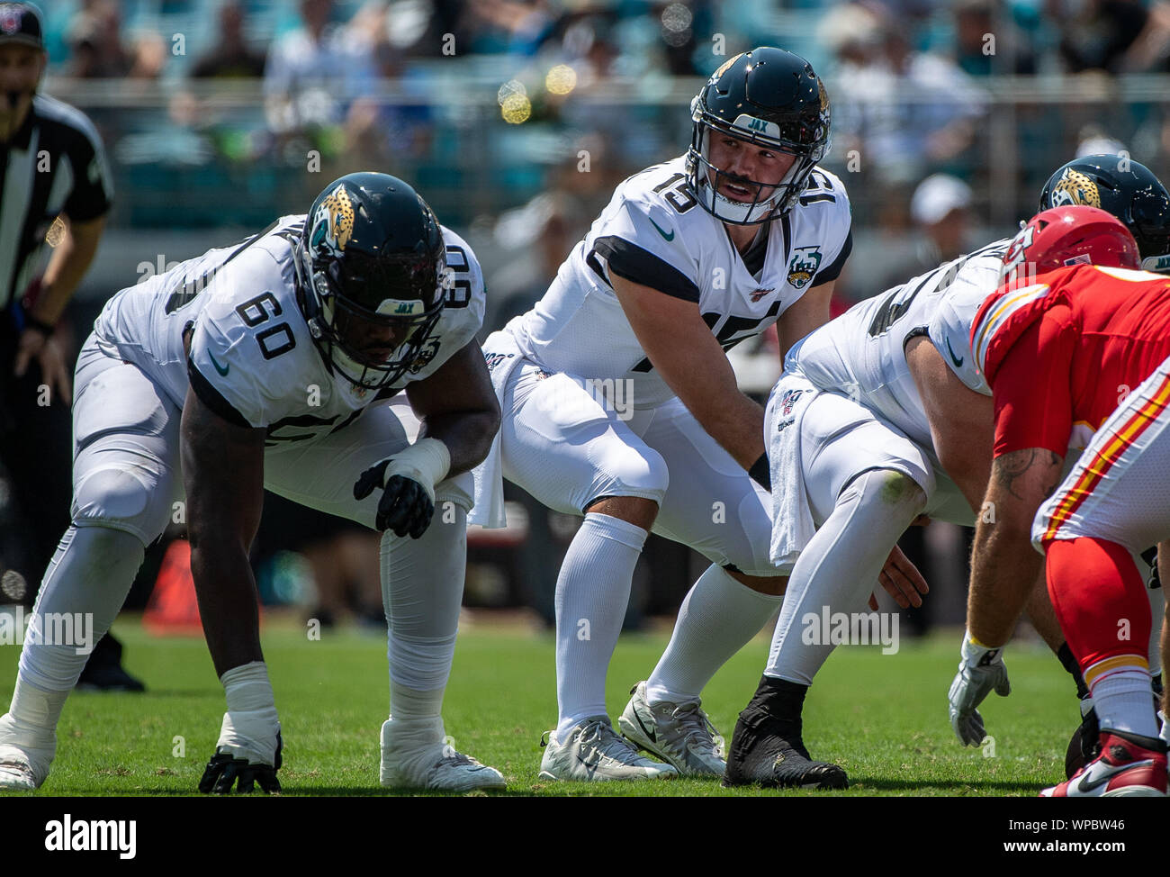 Jacksonville, FL, USA. 8th Sep, 2019. Jacksonville Jaguar quarterback  Gardner Minshew II during 2nd half NFL football game between the Kansas  City Chiefs and the Jacksonville Jaguars at TIAA Bank Field in