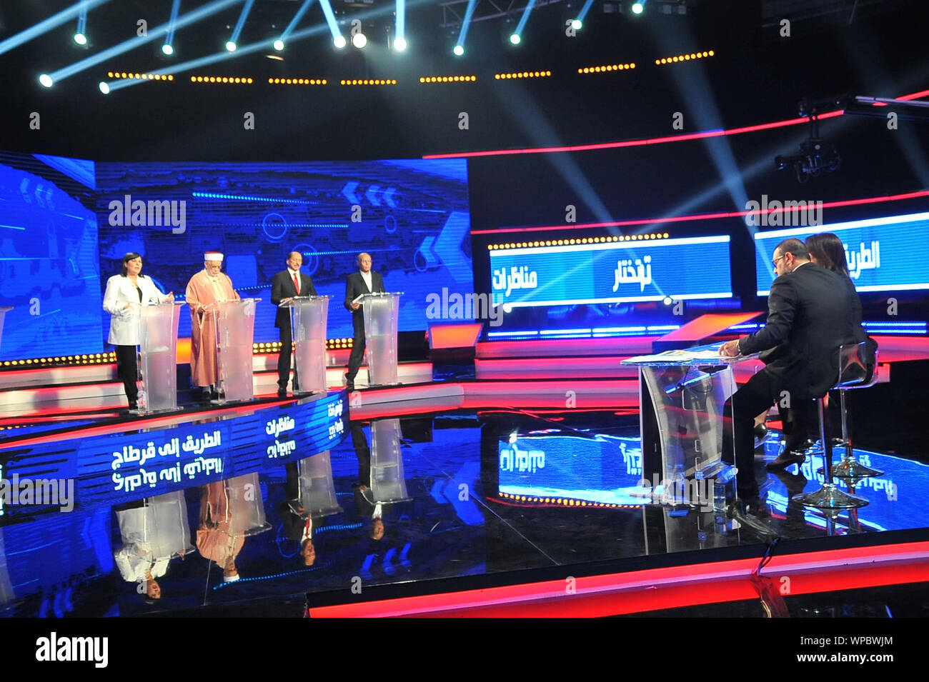 Tunis, Tunis. 7th Sep, 2019. The debates of the first round of the  presidential election, begin this Saturday, September 7 and will take place  over 3 days on Tunisian national television. The
