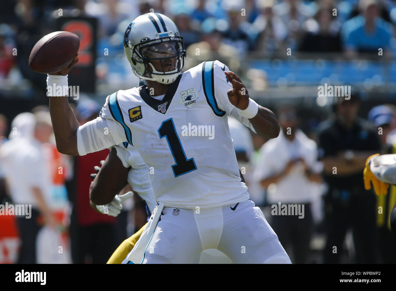 Charlotte, North Carolina, USA. 8th Sep, 2019. Carolina Panthers fullback  Alex Armah (40) scores a touchdown at Bank of America Stadium in Charlotte,  NC. Carolina Panthers quarterback Cam Newton (1) celebrates with