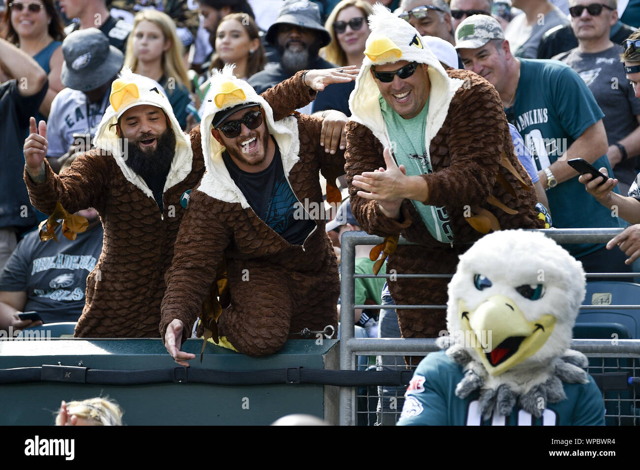 Philadelphia, United States. 08th Sep, 2019. Philadelphia Eagles fans take a photo with Eagles mascot Swoop during the second half against the Washington Redskins at Lincoln Financial Field in Philadelphia on Sept. 8, 2019. The Eagles won 32-27. Photo by Derik Hamilton/UPI Credit: UPI/Alamy Live News Stock Photo