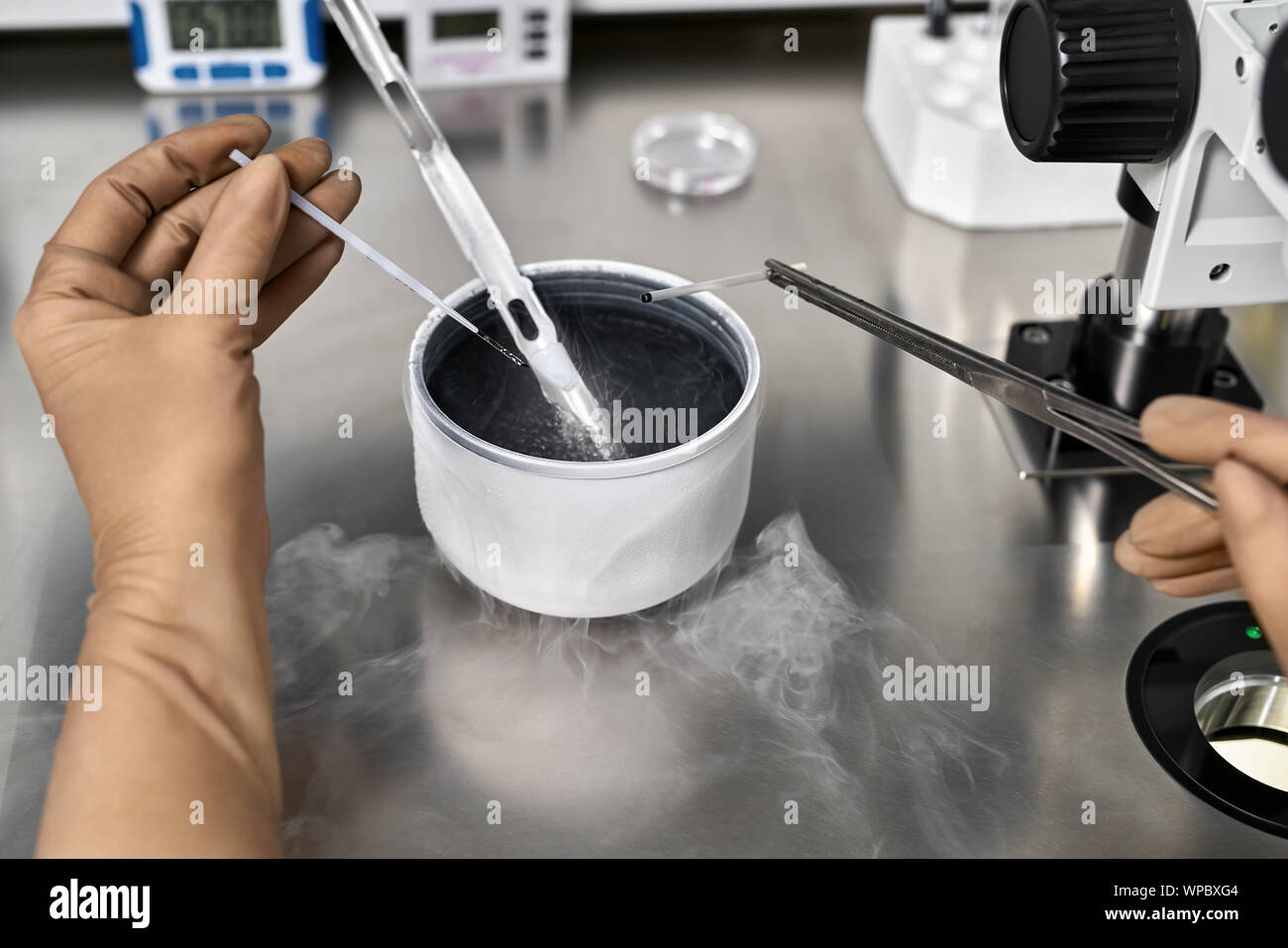Expert in brown latex gloves takes material from the cryogenic storage during the in vitro fertilization process in the IVF lab. Closeup. Horizontal. Stock Photo