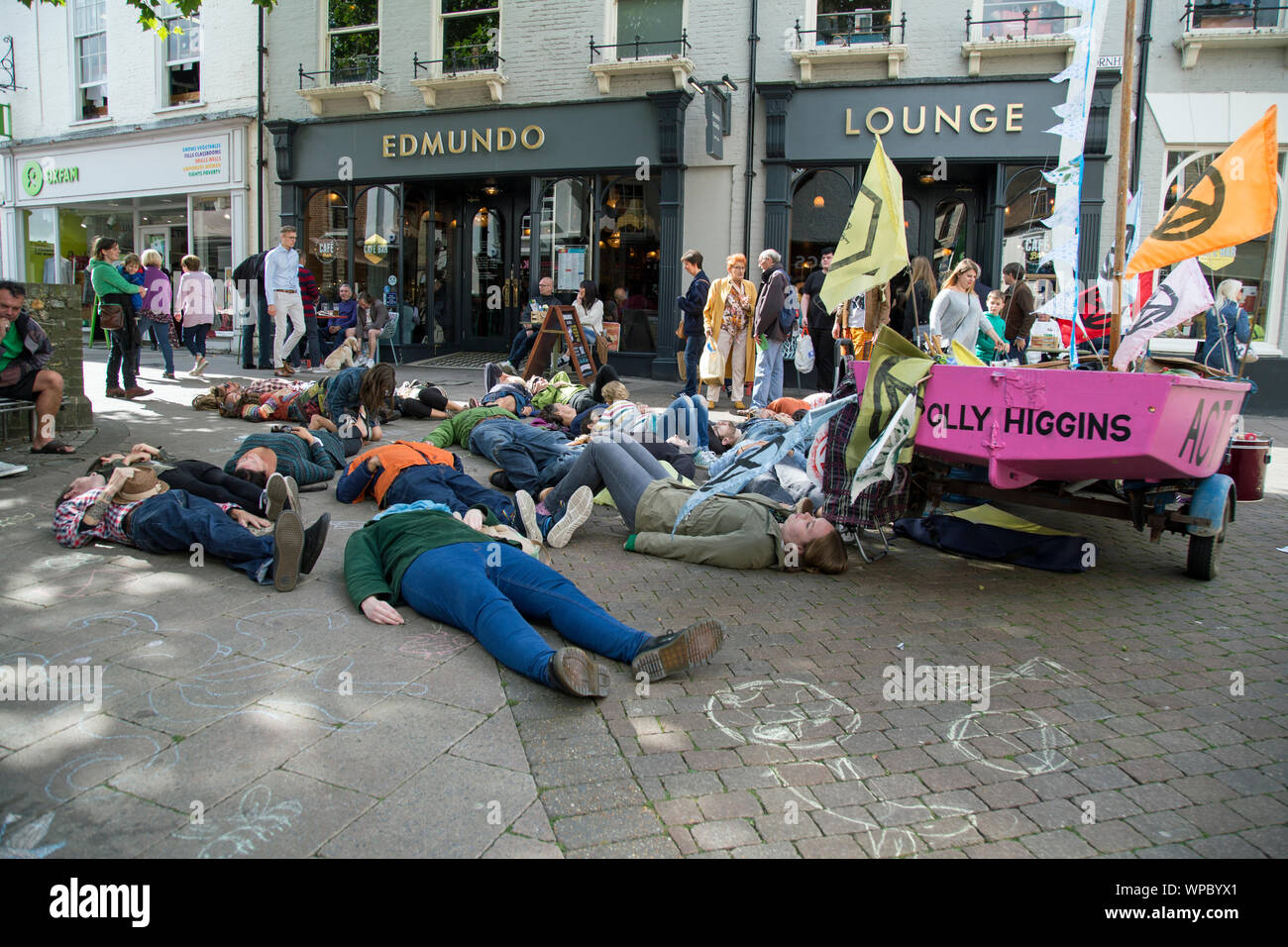 Bury St Edmunds, Suffolk, England, September 9th, 2019,  Extinction Rebellion protestors block Cornhill by lying on the ground. Stock Photo