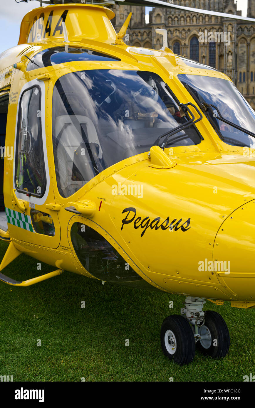 Front detail view of the Dorset and Somerset air ambulance helicopter Photo taken during services day. Stock Photo