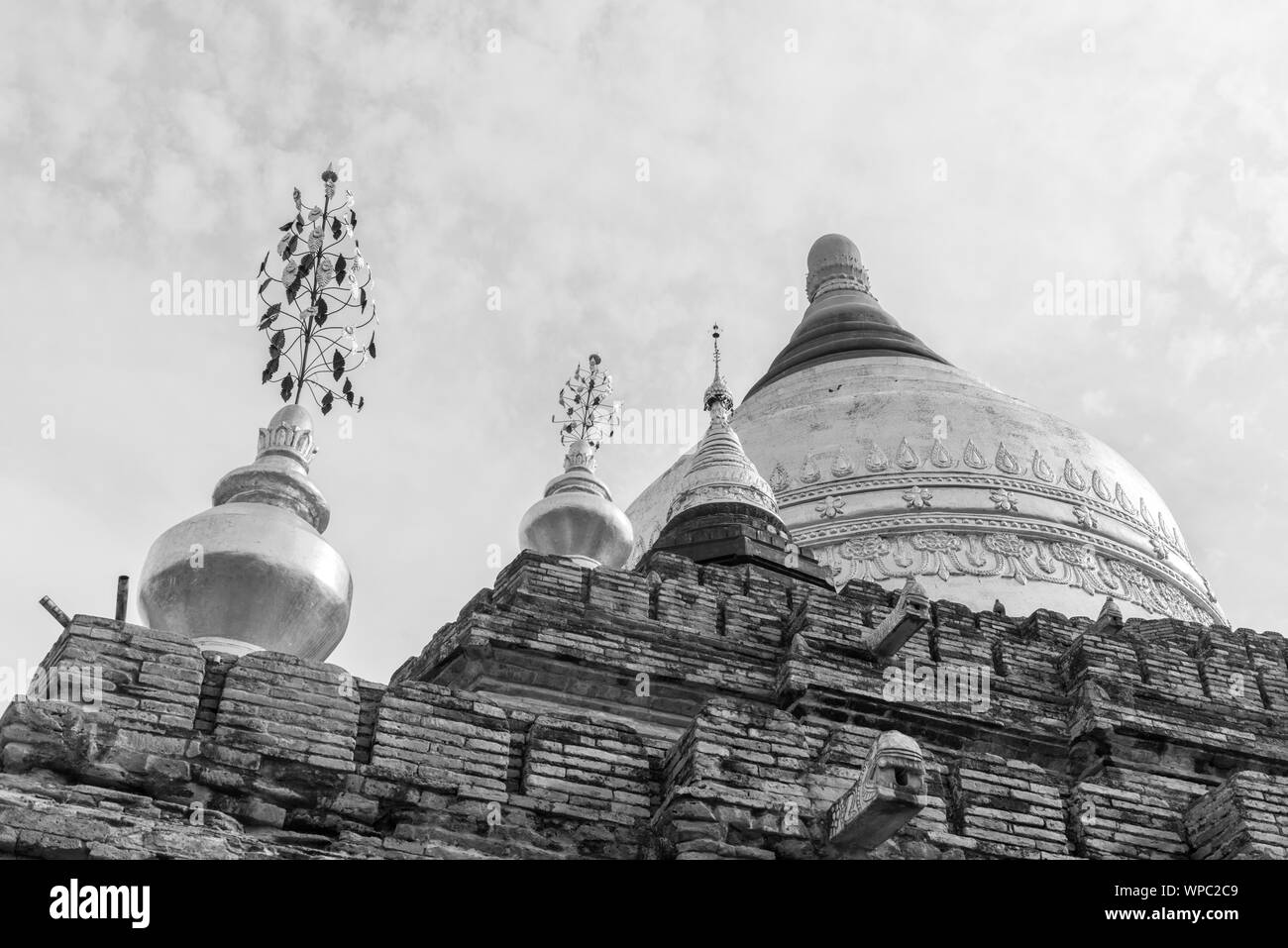 Black and white picture of an ancient buddhist Dhammayazika Pagoda, landmark of Bagan in Myanmar Stock Photo