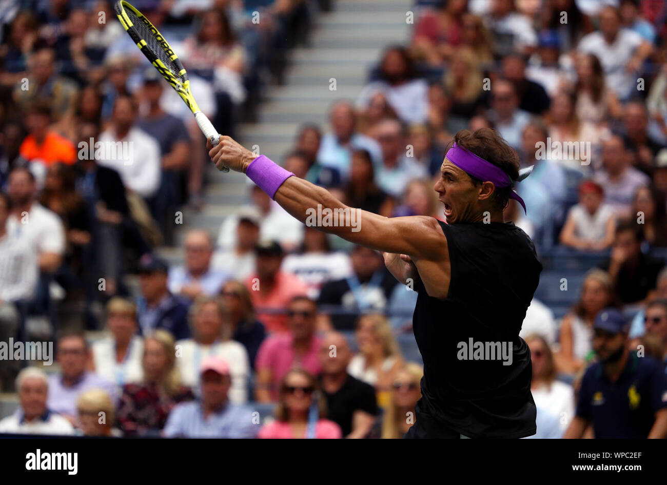 Flushing Meadows, New York, United States - September 8, 2019. Rafael Nadal of Spain in action against Daniil Medvedev in the men's final at the US Open today. Credit: Adam Stoltman/Alamy Live News Stock Photo