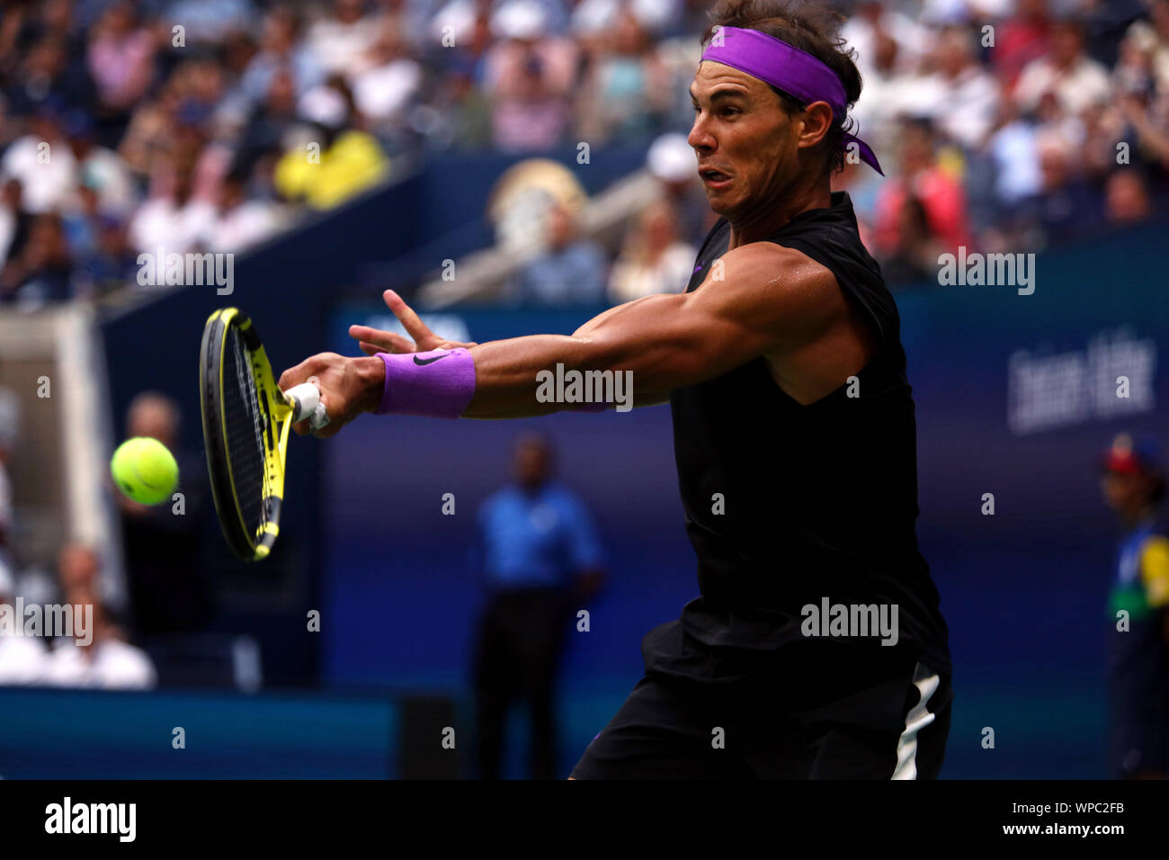 Flushing Meadows, New York, United States - September 8, 2019. Rafael Nadal of Spain in action against Daniil Medvedev in the men's final at the US Open today. Credit: Adam Stoltman/Alamy Live News Stock Photo