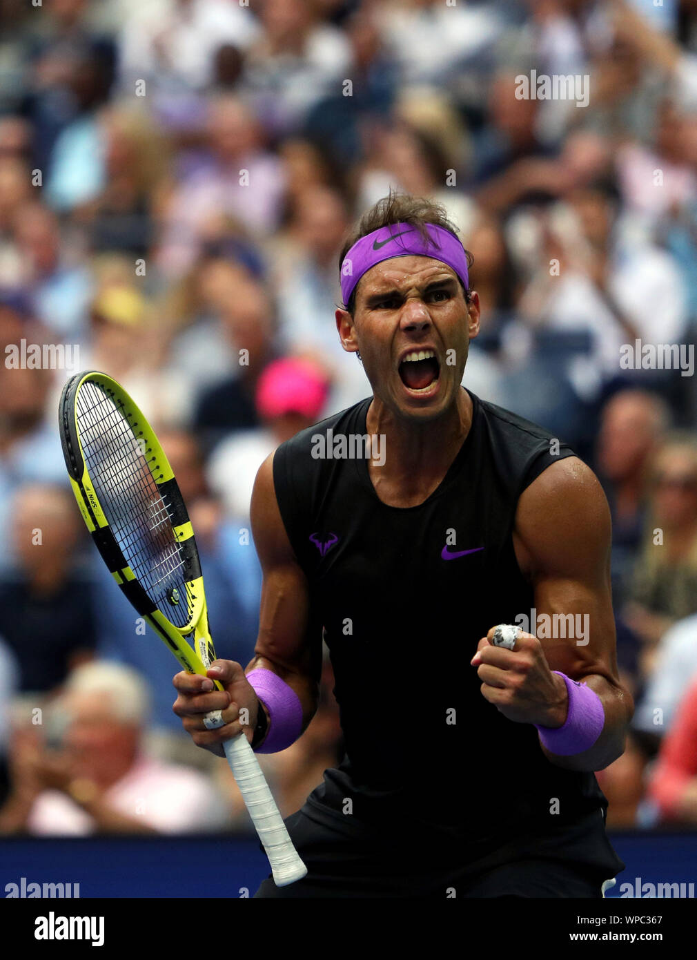Flushing Meadows, New York, United States - September 8, 2019. Rafael Nadal  of Spain celebrates after winning the first set against Daniil Medvedev in  the men's final at the US Open today.