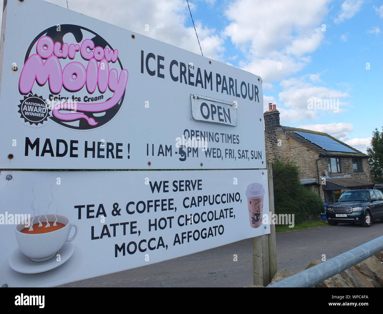 Our Cow Molly, a working dairy farm with farm shop and ice cream parlour at Dungworth on the rural fringes of Sheffield, UK. Stock Photo