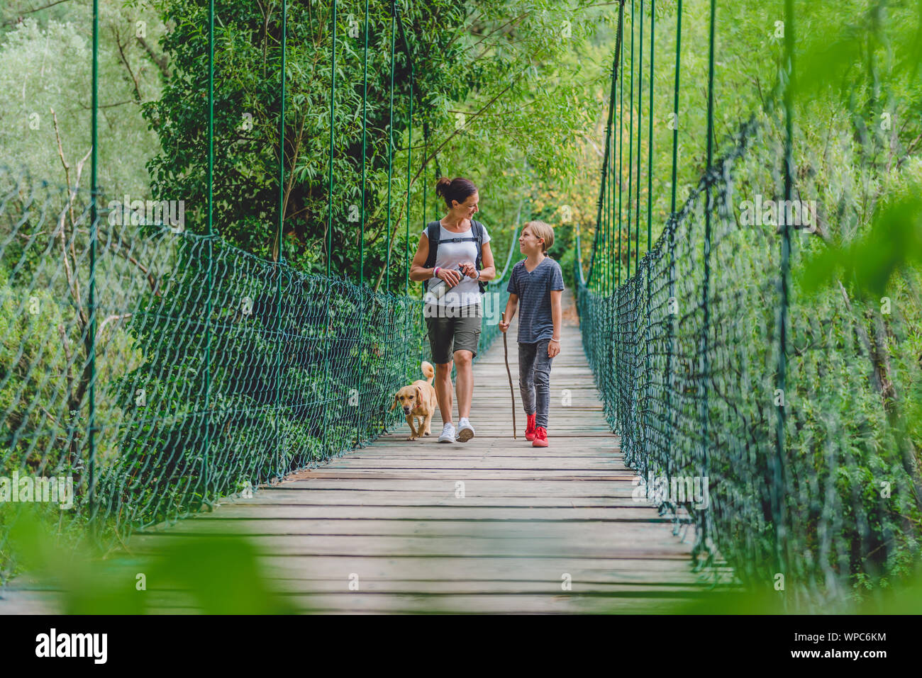 Mother and daughter walking over wooden suspension bridge with small yellow dog in the forest Stock Photo