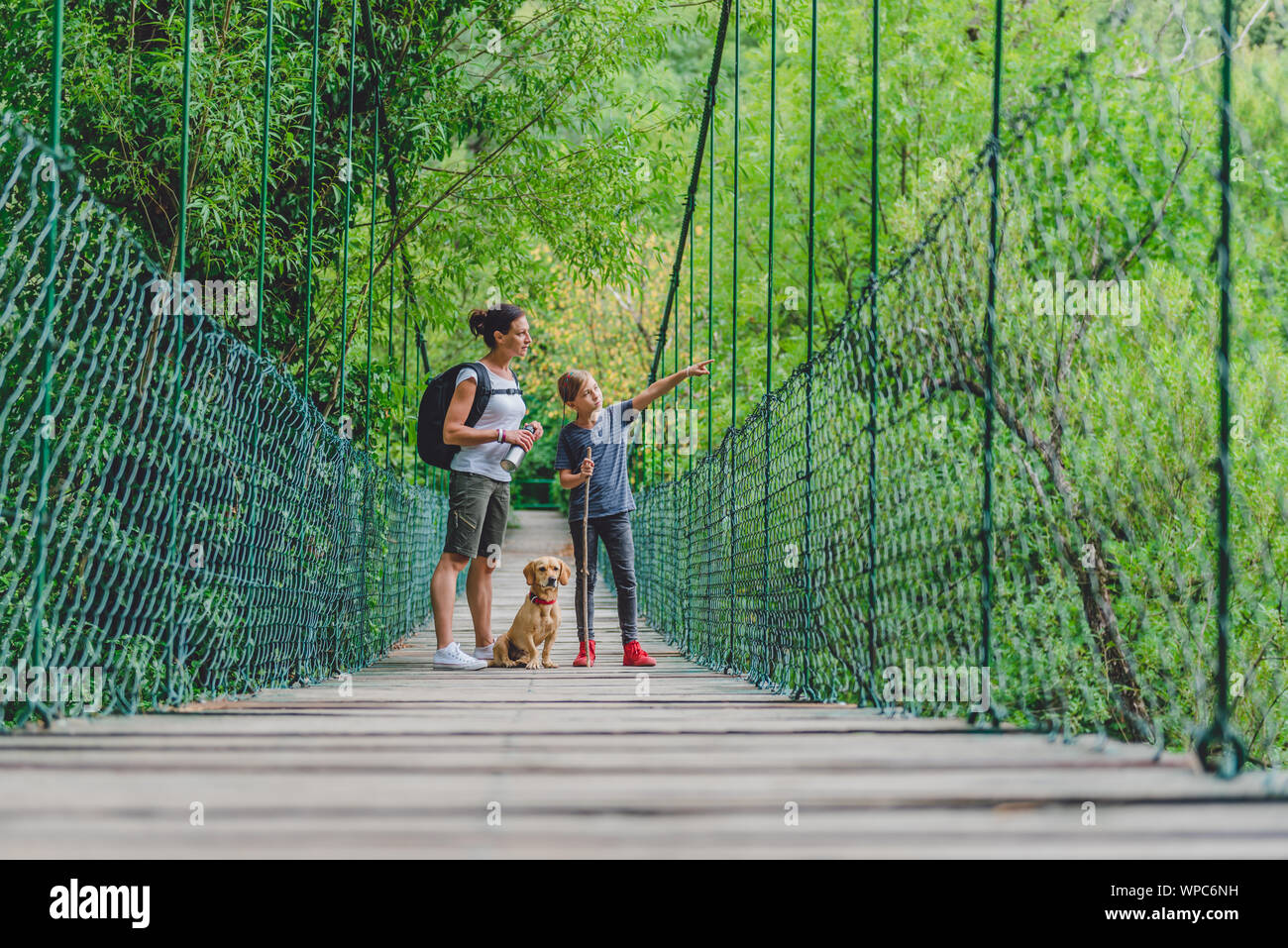 Mother and daughter walking over wooden suspension bridge with small yellow dog in the forest Stock Photo