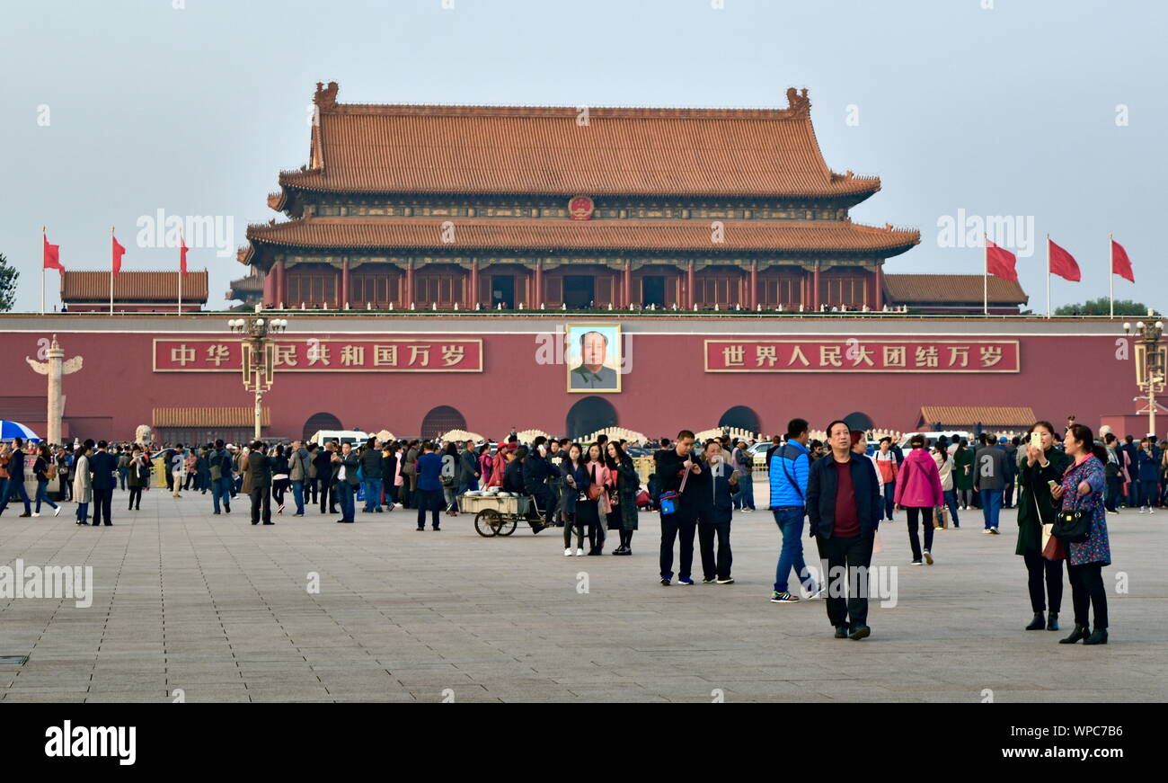 Tiananmen square and famous gate with Mao Zedong portrait into Forbidden City palace complex, Beijing, China Stock Photo