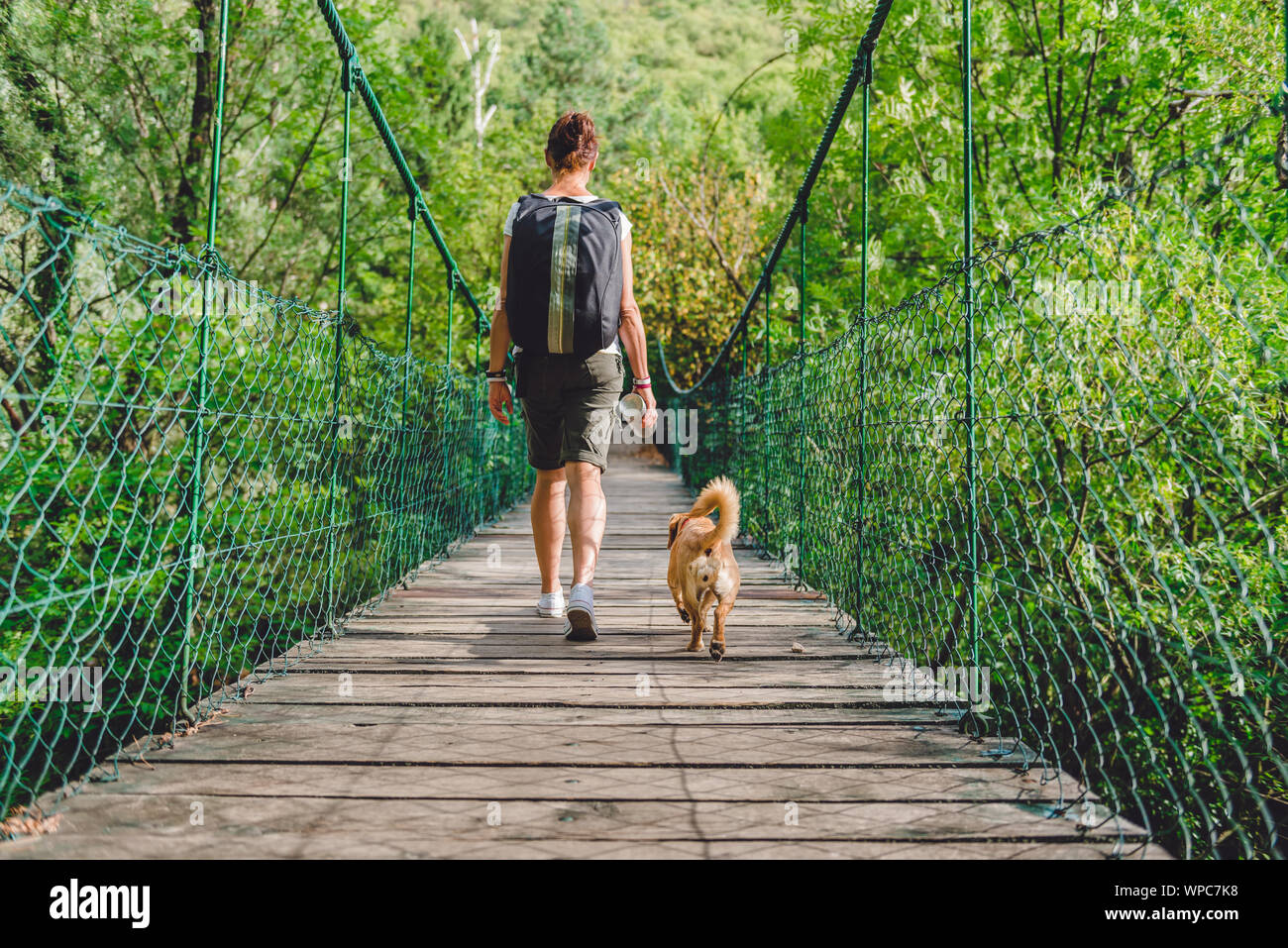 Women and small yellow dog walking over wooden suspension bridge in the forest Stock Photo