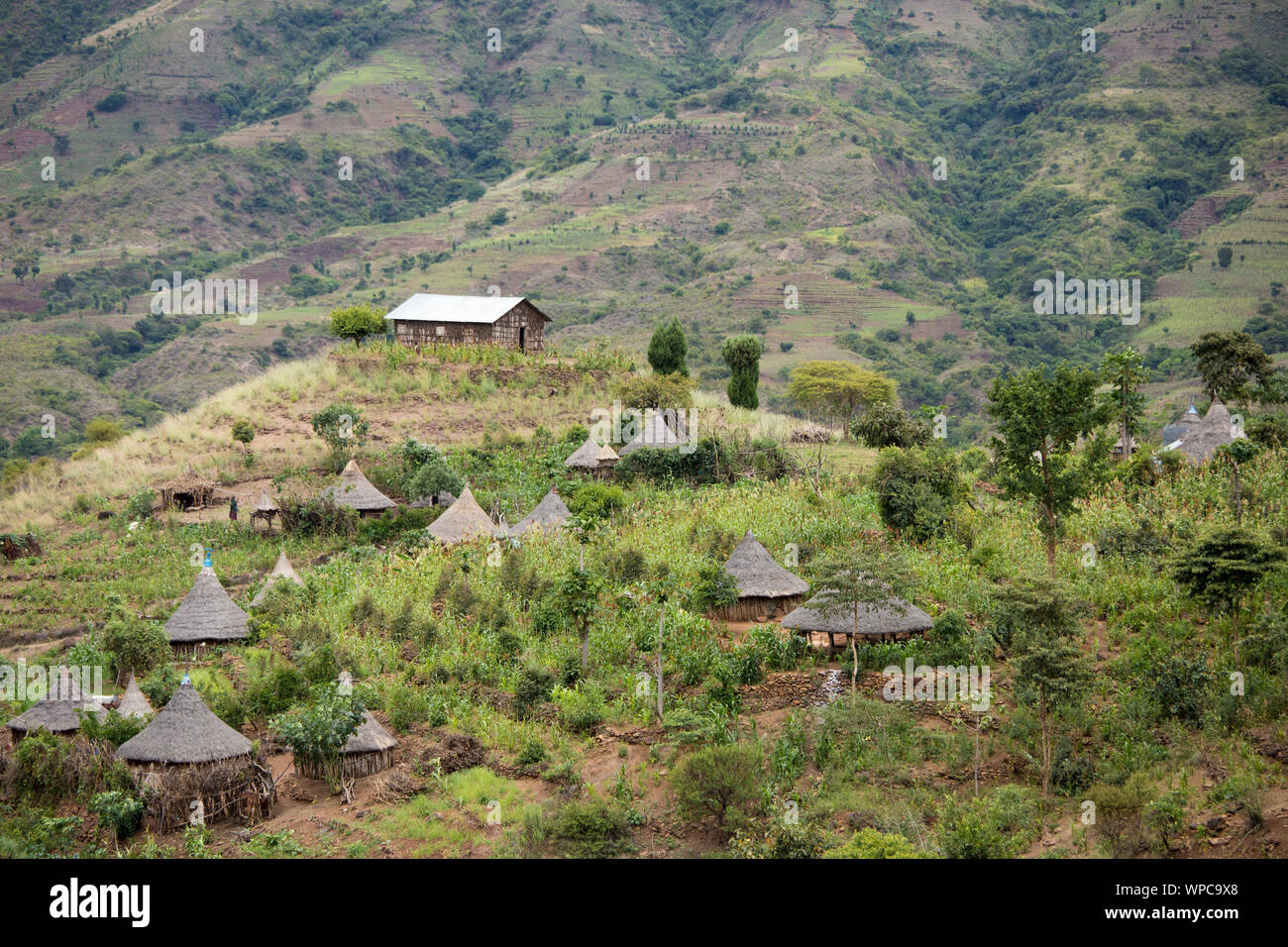 Ethiopian village in the southern mountains of Ethiopia near Arba Minch. Stock Photo