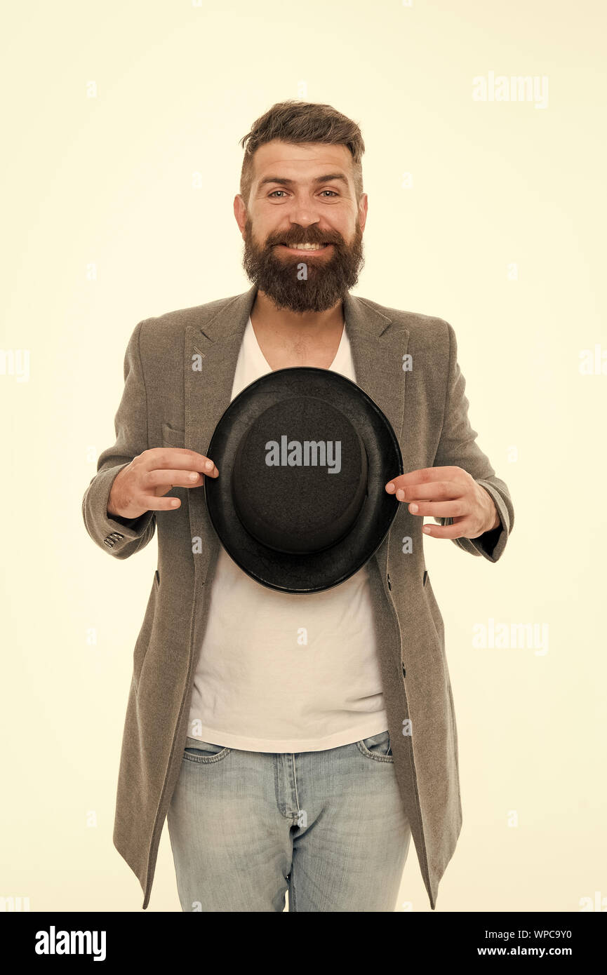 Man bearded guy magician. Magic trick performance concept. Circus magic