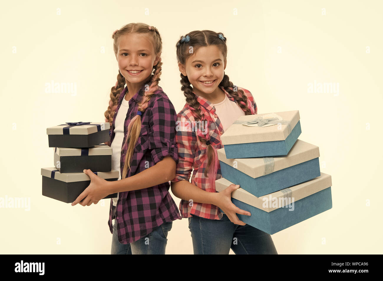 Children Excited About Unpacking Gifts Small Girls Sisters