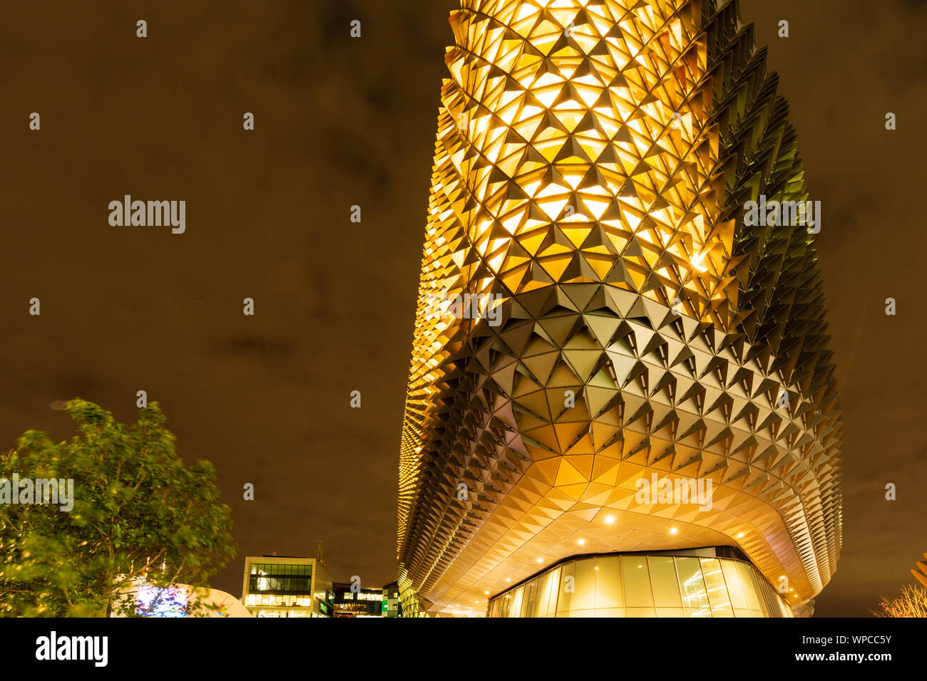 A Modern Building at Night. The South Australian Health and Medical Research Institute Building in Adelaide Australia. Stock Photo